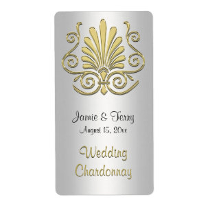 Guld White Art Deco Damask Party Vin etikett 2 Fraktsedel
