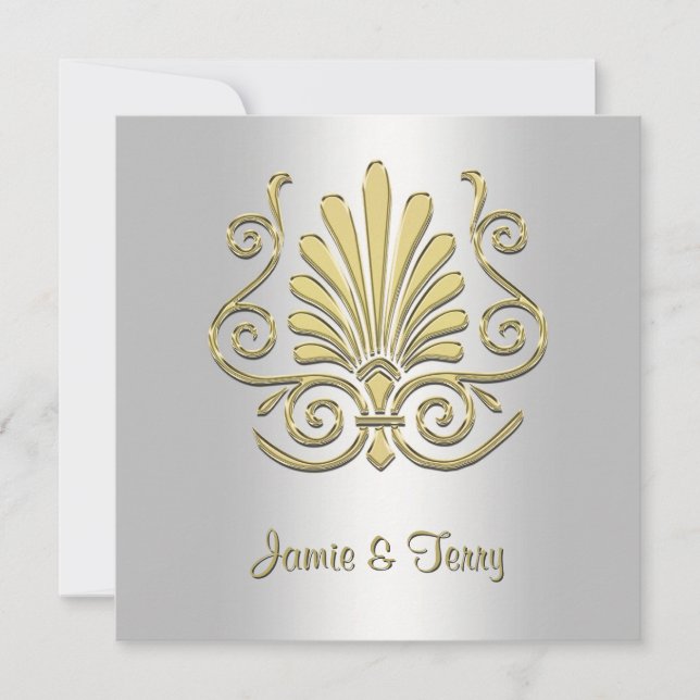 Guld White Art Deco Damask Wedding Inbjudan 2 (Framsida)