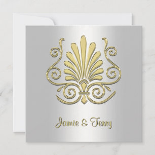 Guld White Art Deco Damask Wedding Inbjudan 2