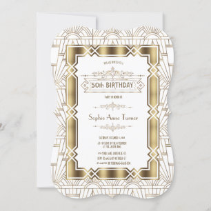 Guld White Art Deco Gatsby 20:e Födelsedagsfesten Inbjudningar