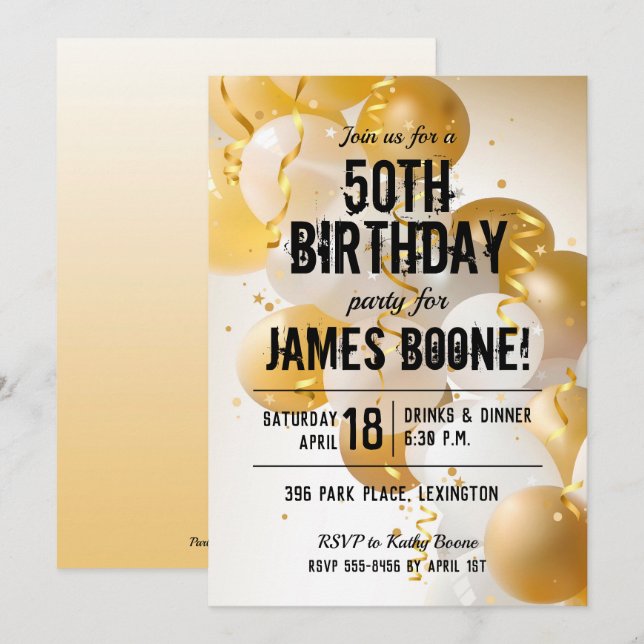 Guld White Balloons Födelsedagsfest inbjudan (Fram/baksida)