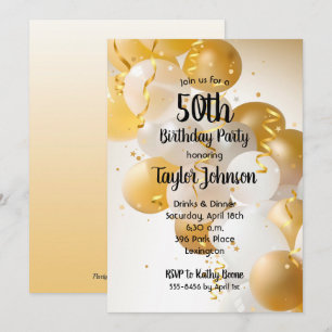 Guld White Balloons Födelsedagsfest inbjudan
