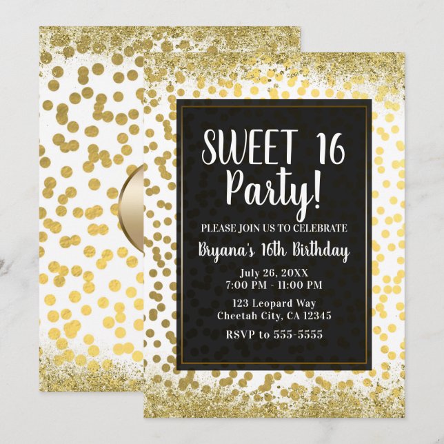 Guld White & Black Foil Confetti Modern Party Inbjudningar (Fram/baksida)