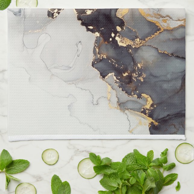Guld White Black Marble Kökshandduk (Vikta)