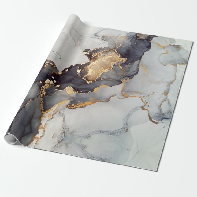 Guld White Black Marble Presentpapper (Utrullad)