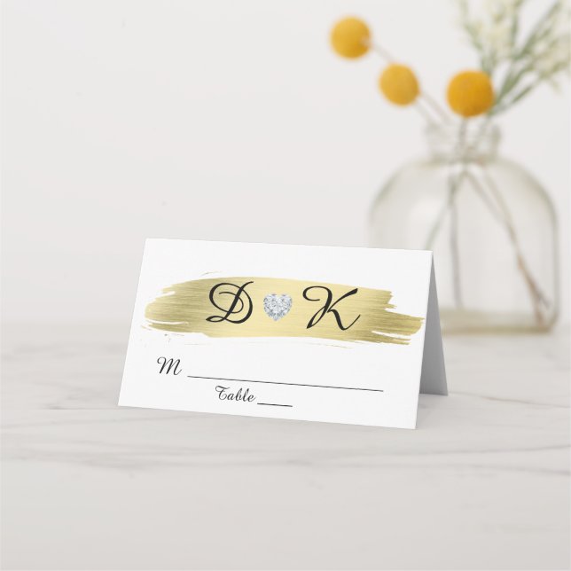 Guld White Black Monogram Heart Bröllop Placeringskort (Framsida)
