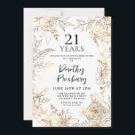 Guld White Blommigt 21:a födelsedagsinbjudan Inbjudningar<br><div class="desc">Elegant guld line art ro and löv omger dina 21-årsdagar i party.</div>