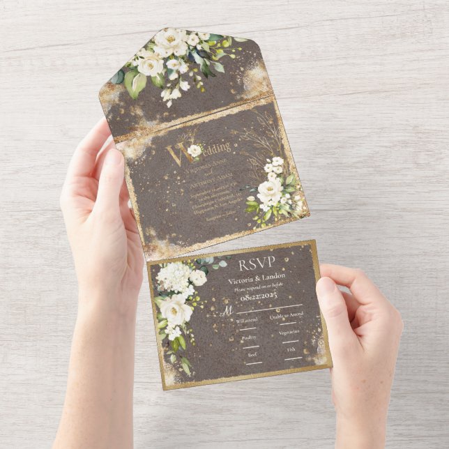 Guld White Blommigt Botanisk Elegant Rustic (Avrivbar del)