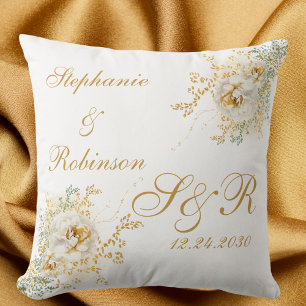 Guld White Blommigt Watercolor Monogram Bröllop Kudde