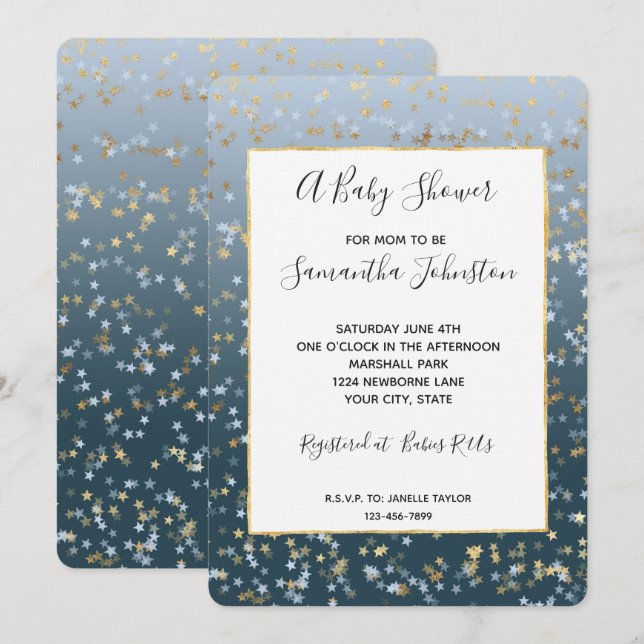 Guld White Blue Stars Shine Bright Baby Shower Inbjudningar (Fram/baksida)