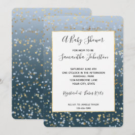 Guld White Blue Stars Shine Bright Baby Shower Inbjudningar