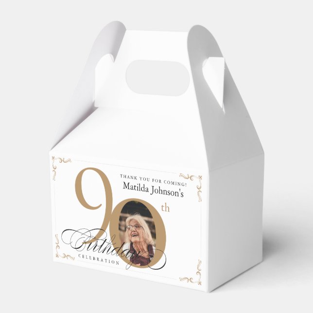 Guld White Calligraphy Photo Elegant 90:e födelsed Presentaskar (Framsidan Sidan)