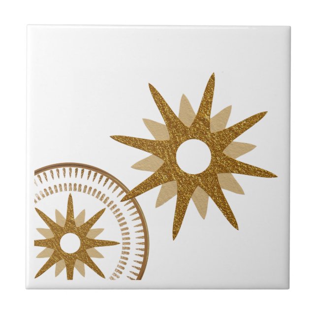 Guld & White Celestial Starburst Design Kakelplatta (Framsidan)