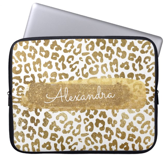 Guld & White Cheetah Print med Guld Glitter Laptop Fodral (Framsidan)