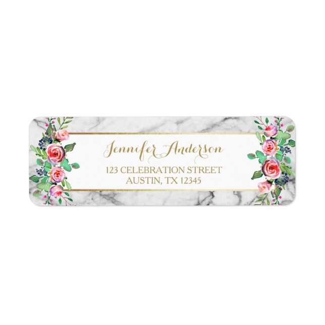 Guld White Chic Vacker Blommigt Ro Marble Returadress Etikett (Framsidan)