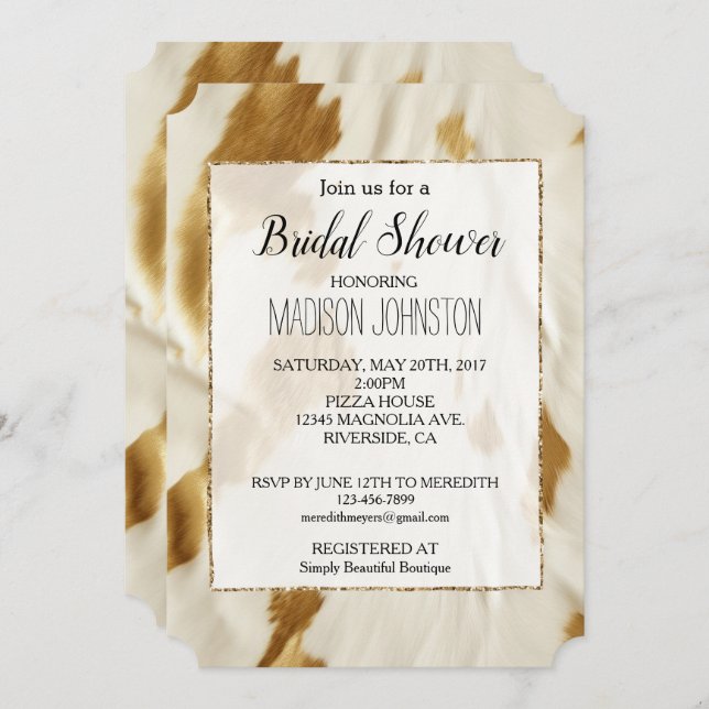 Guld White Cowgirl Southwest Cowhide Inbjudningar (Fram/baksida)