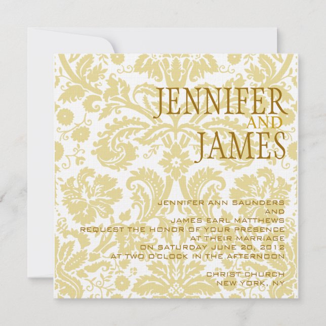Guld White Cream Damask Summer Wedding bjudande Inbjudningar (Framsida)