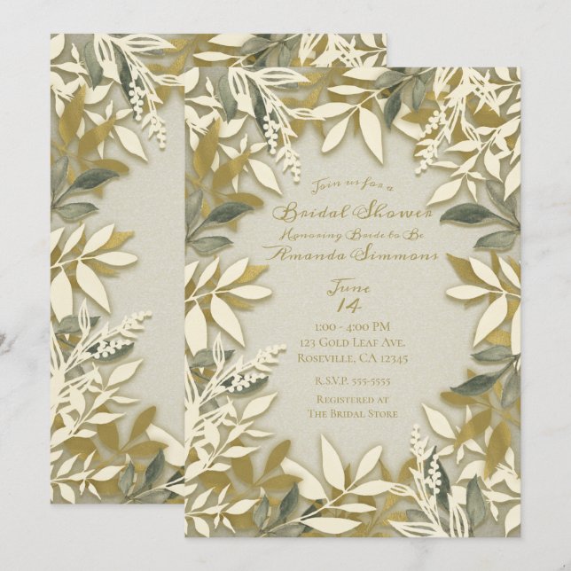 Guld White Cream Ecru Botanical Löv Möhippa Inbjudningar (Fram/baksida)