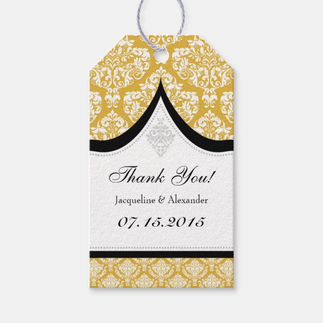Guld White Damask Wedding Tacks Märkre Presentetikett (Framsidan)
