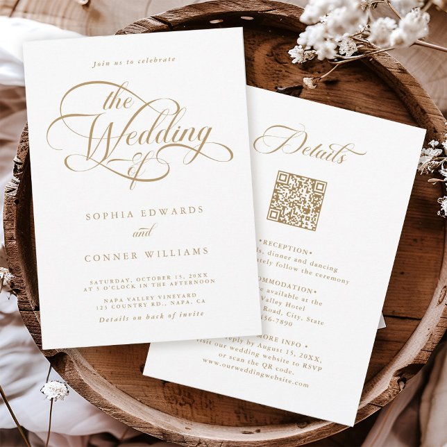Guld & White Delikat Elegant bröllop allt i ett Inbjudningar (Front & Back)
