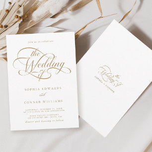 Guld & White Delikate Elegant Script Bröllop Inbjudningar
