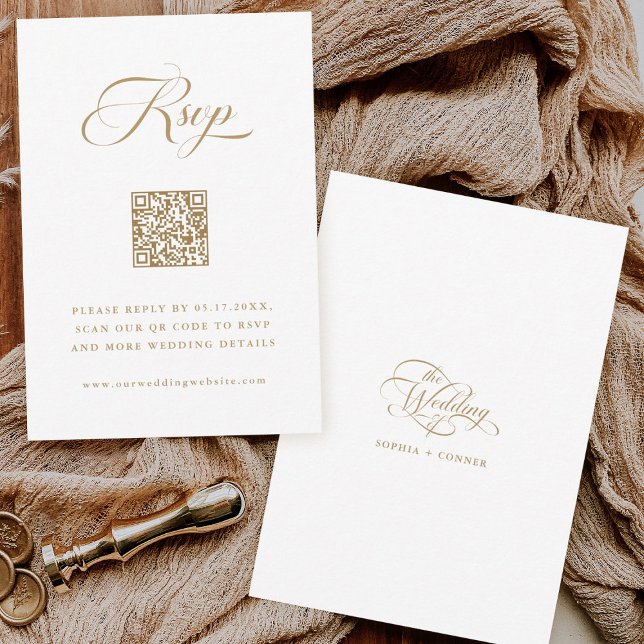 Guld & White Delikate Elegant Script Bröllop OSA Kort (Front & Back)