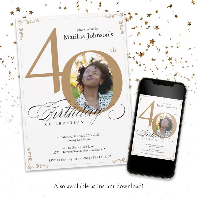 Guld White Elegant Calligraphy Photo 40 Birthday Inbjudningar (Gold White Elegant Calligraphy Photo 40th Birthday Invitation)