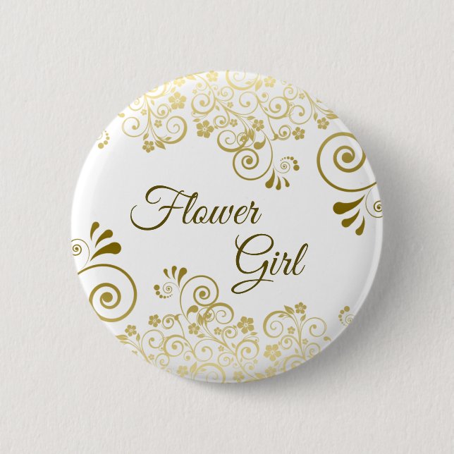 Guld & White Elegant Filigree Flower Girl Bröllop Knapp (Framsida)
