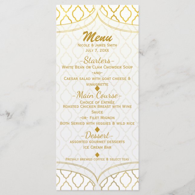 Guld & White Elegant Moroccan Glam Bröllop Menu Meny (Framsida)