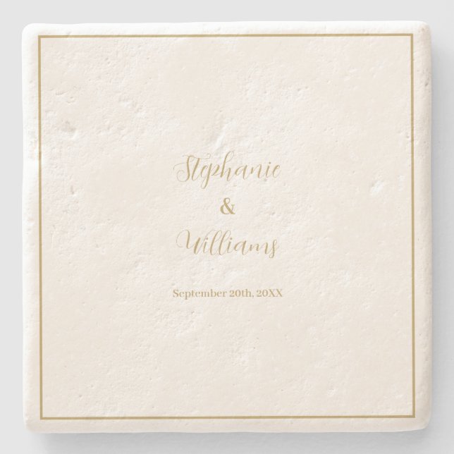 Guld White Elegant Simple Namn Bröllop Gift Favor Stenunderlägg (Framsidan)