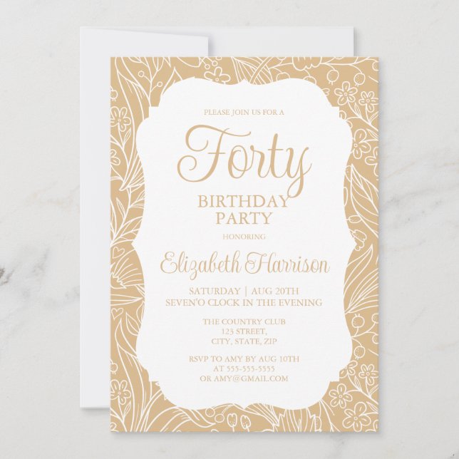 Guld White Flora Woman 40:e födelsedag Party Inbjudningar (Framsida)