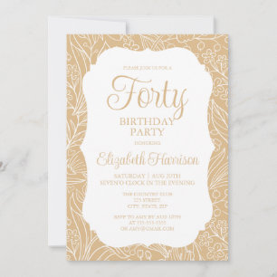 Guld White Flora Woman 40:e födelsedag Party Inbjudningar