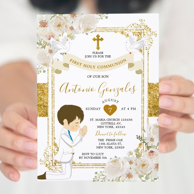 Guld White Flowers Boy First Heliga Communion Inbjudningar (Skapare uppladdad)