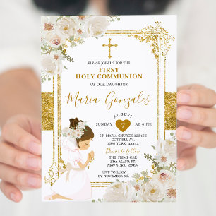 Guld White Flowers Girl First Heliga Communion Inbjudningar