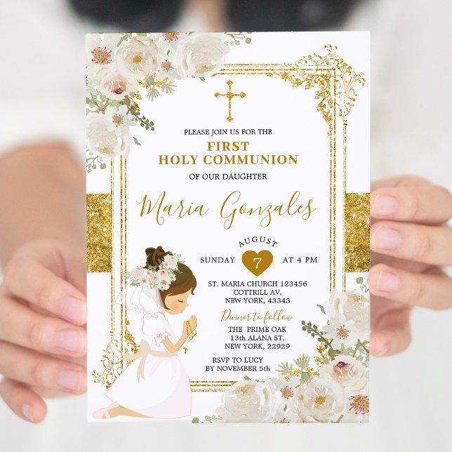 Guld White Flowers Girl First Heliga Communion Inbjudningar (Skapare uppladdad)