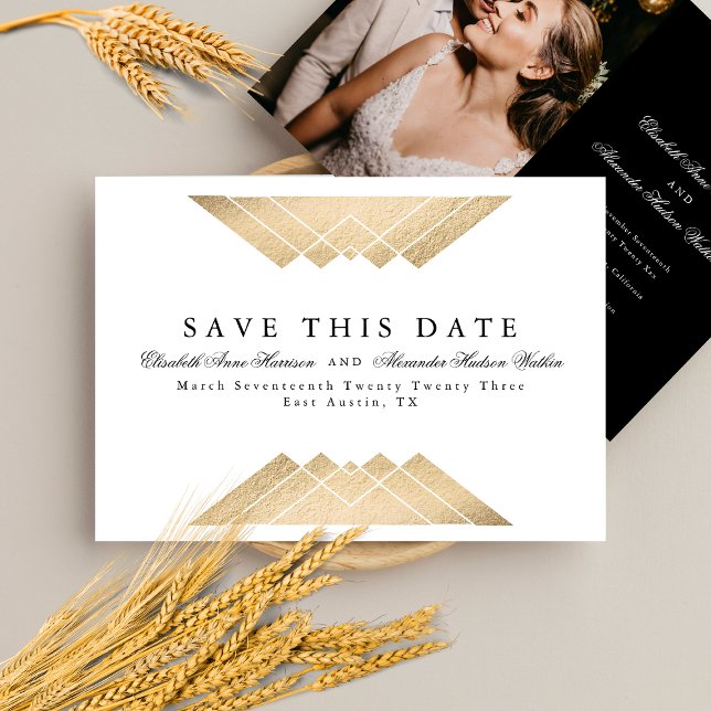 Guld White Geometric Gatsby Foil Save Date Ann Meddelande (Skapare uppladdad)