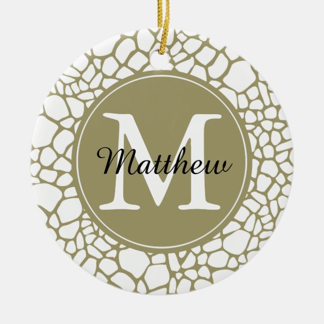 Guld White Giraffe Print Monogram Julgransprydnad Keramik (Framsidan)