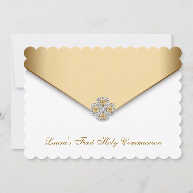 Guld White Girls First Heliga Communion Inbjudningar (Framsida)