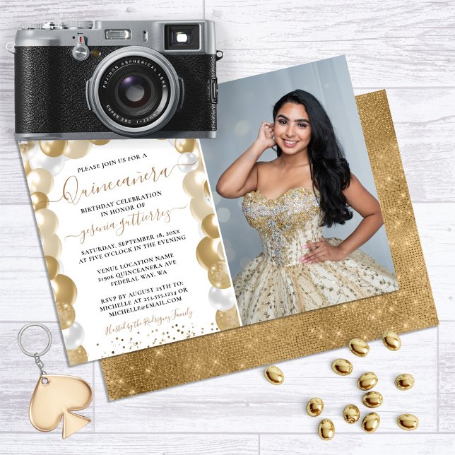 Guld White Gnistra Photo Quinceañera Balloon Inbjudningar (Gold Glitter Balloon Quinceanera Invitation)
