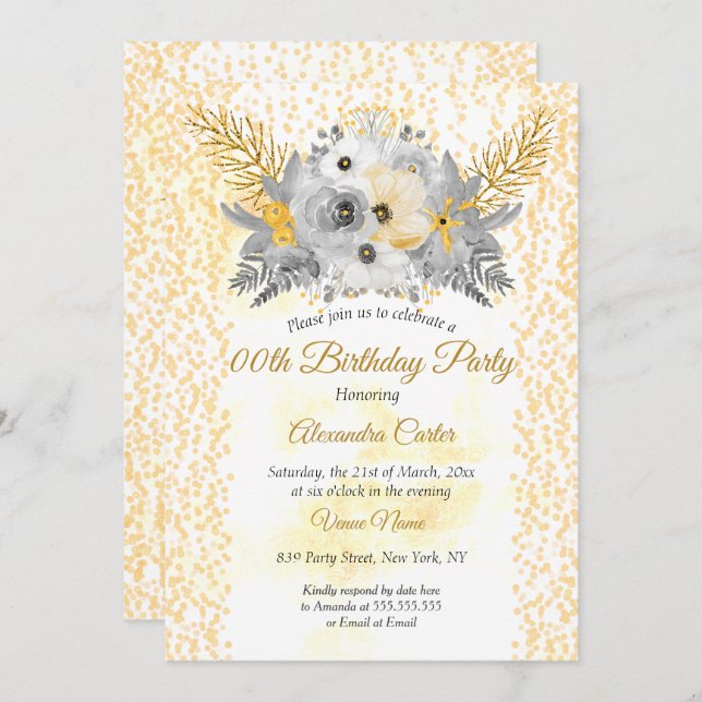 Guld White grått Blommigt Bouquet Födelsedagsfest Inbjudningar (Fram/baksida)