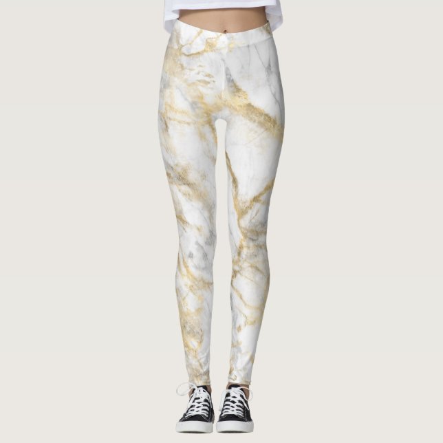Guld White Grått Marble Mönster Yoga Women's Leggings (Framsida)
