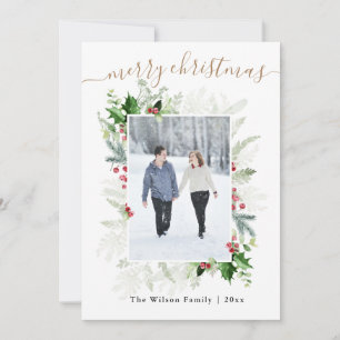 Guld White Greenery God jul Photo Julkort