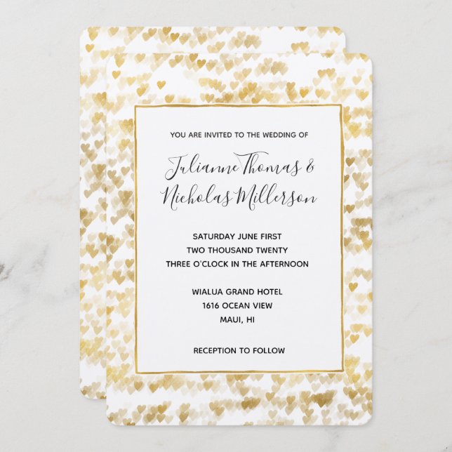 Guld White Hearts Bröllopsinbjudningar Inbjudningar (Fram/baksida)