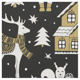 Guld White Hjort Bear House Fairaisle Black Mönst Tyg