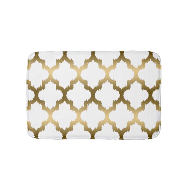 Guld & White Ikat Quatrefoil Geometric Mönster Badrumsmatta (Framsidan)