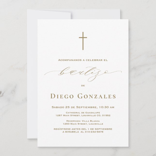 Guld White Invacion De Bautizo Boy Baptism Inbjudningar (Framsida)