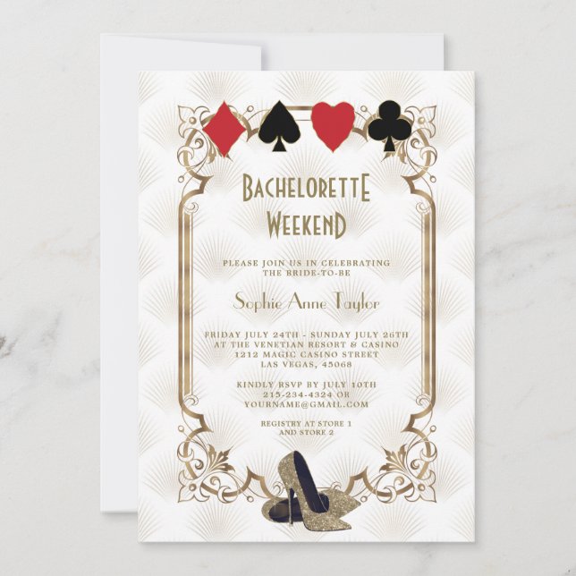 Guld White Las Vegas Casino Bachelorette Helg Inbjudningar (Framsida)