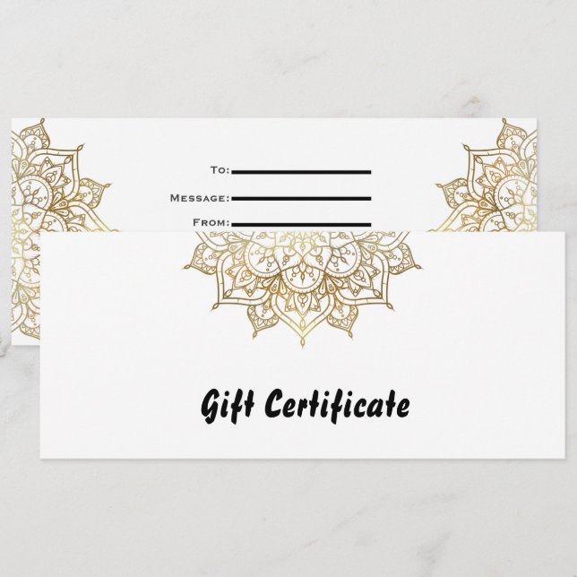 Guld & White Mandala Elegant Gift Certificate Inbjudningar (Fram/baksida)