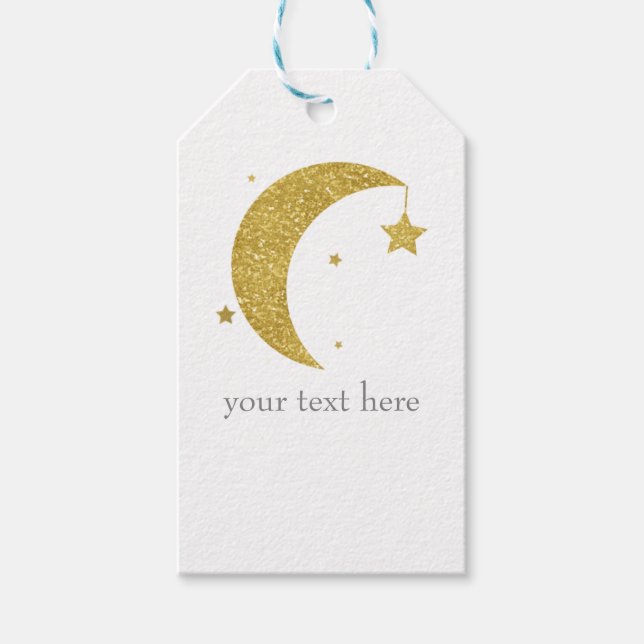 Guld & White Måne & Stars Baby Shower Celestial Presentetikett (Framsidan)