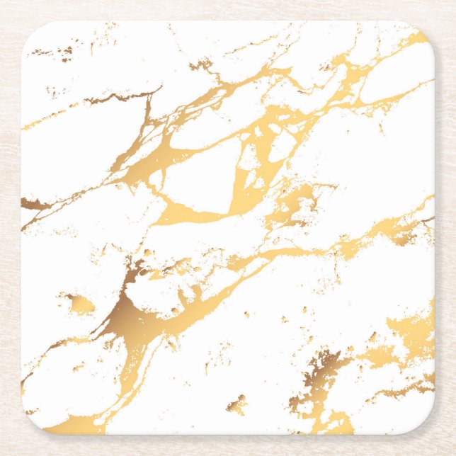 Guld White Marble AcrylicPainting Abstrakt Art Underlägg Papper Kvadrat (Framsidan)
